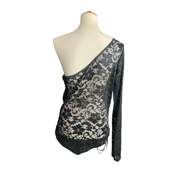 Fantasy Lingerie Black Lace Top Women Size 1X One Shoulder Long Sleeve Sheer - Picture 3 of 3